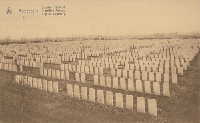 Poelcapelle British Military Cemetery. This photograph was probably taken between 1923 and 1927. Some of the original wooden crosses can still be seen.