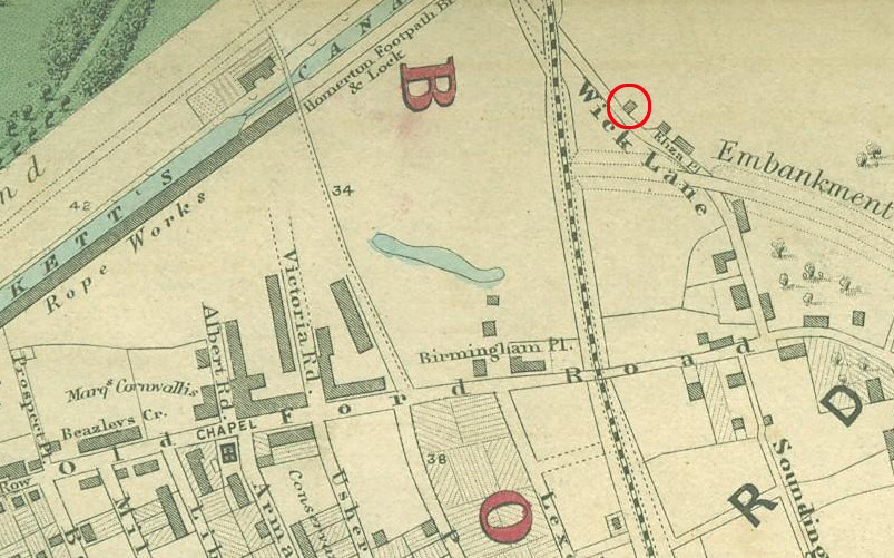 Old Ford in about 1862 - possible site of Woodland Cottage circled.