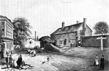 Old Ford Road at the junction with Wick Lane, some time around the middle of the 19th century. The White Hart is the building on the left side of the road, just beyond the junction.